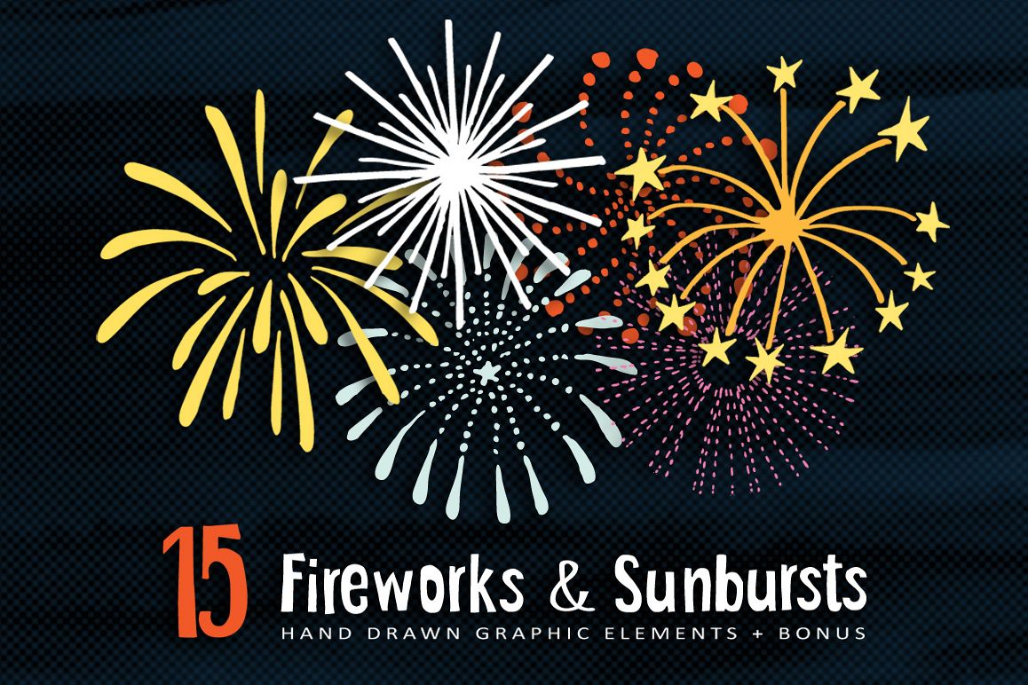 Hand drawn Fireworks & Sunbursts set example image 1