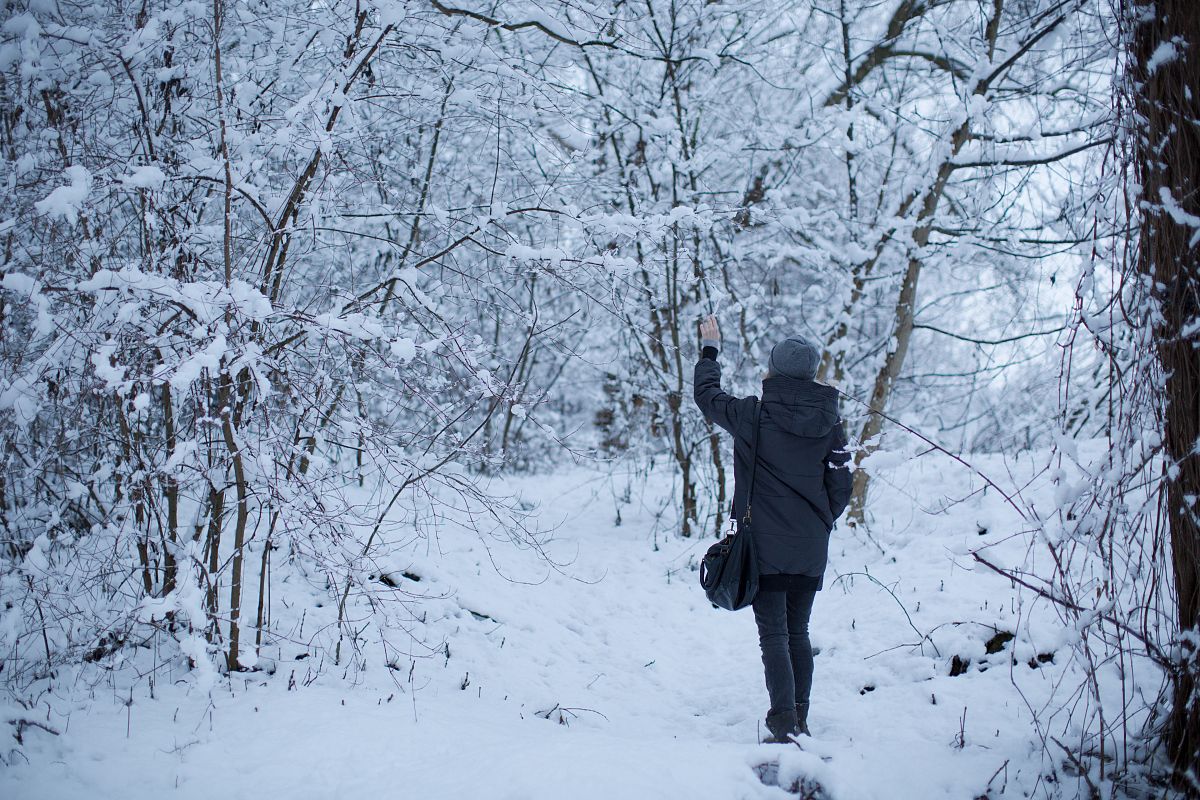 Girl playing in the woods during winter time example image 1