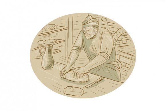 Medieval Baker Kneading Bread Dough Oval Drawing example image 1