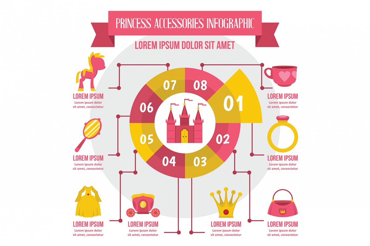 Princess accessories infographic, flat style example image 1