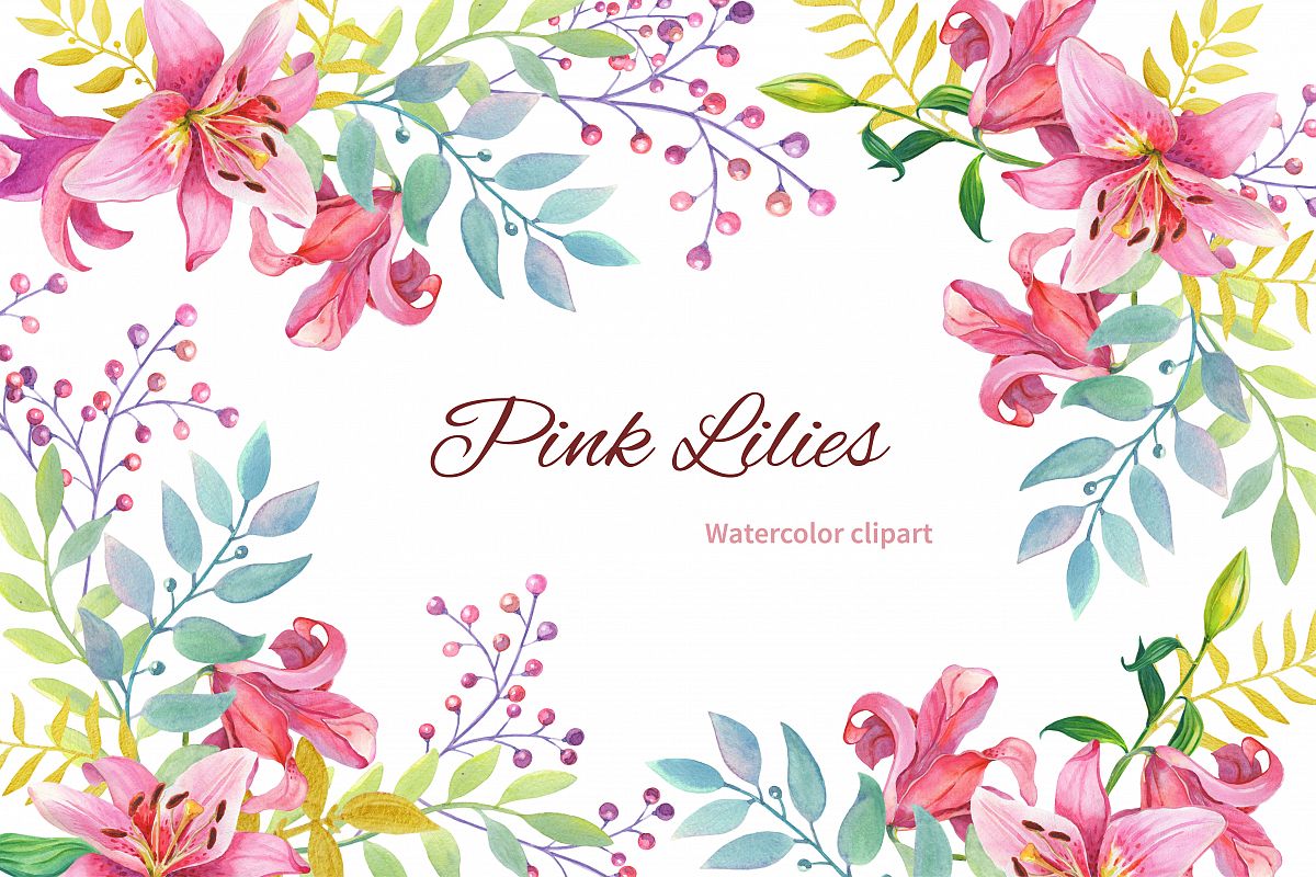 Pink Lilies.Watercolor clipart. example image 1