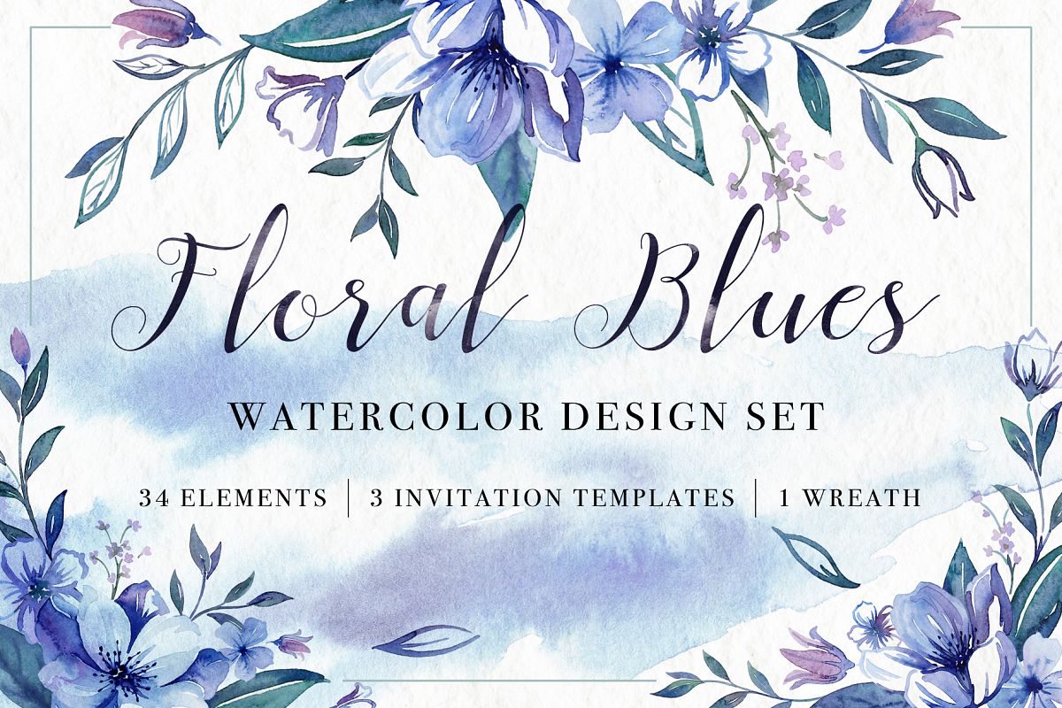 Floral Blues Watercolor Set example image 1