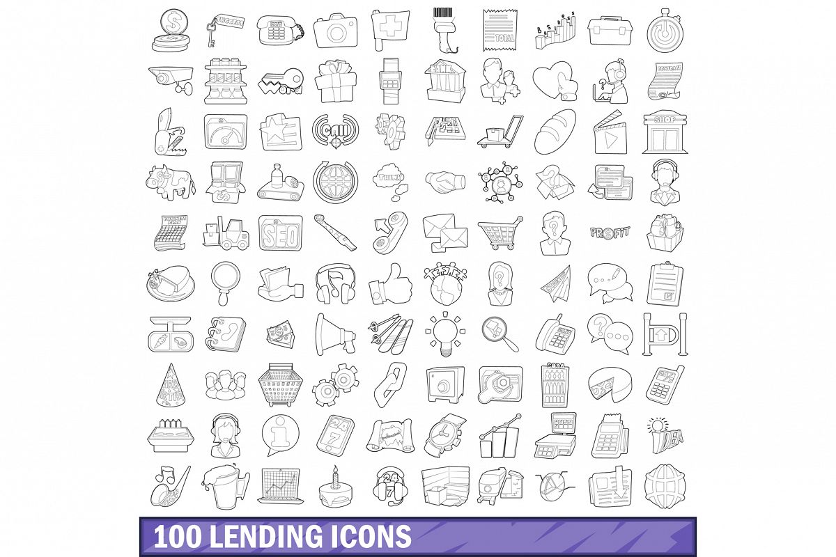 100 lending icons set, outline style example image 1