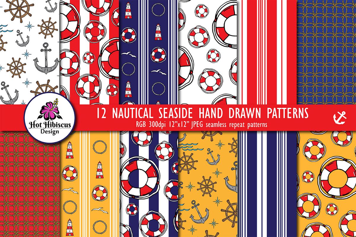 Nautical Lifebelt Anchor Lighthouse Stripes Repeat Patterns example image 1