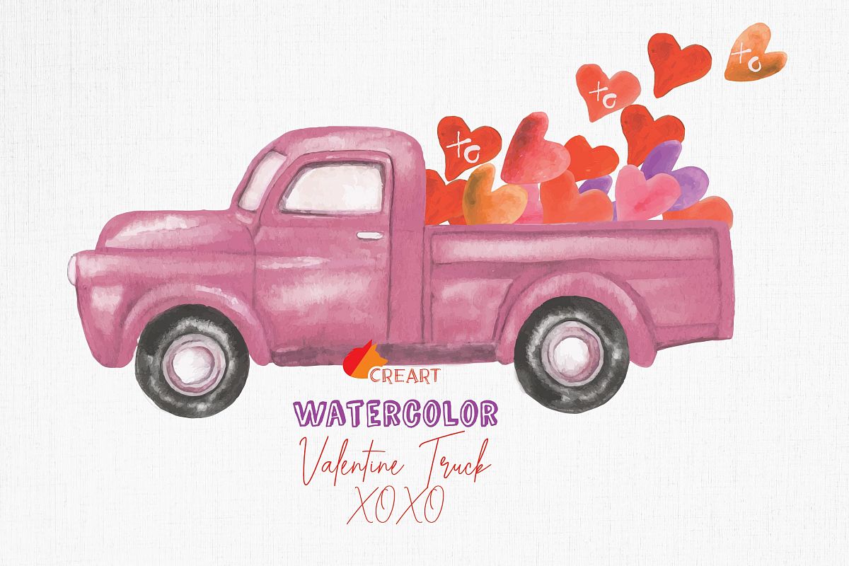 Watercolor vintage Valentine truck load with kisses XOXO png example image 1