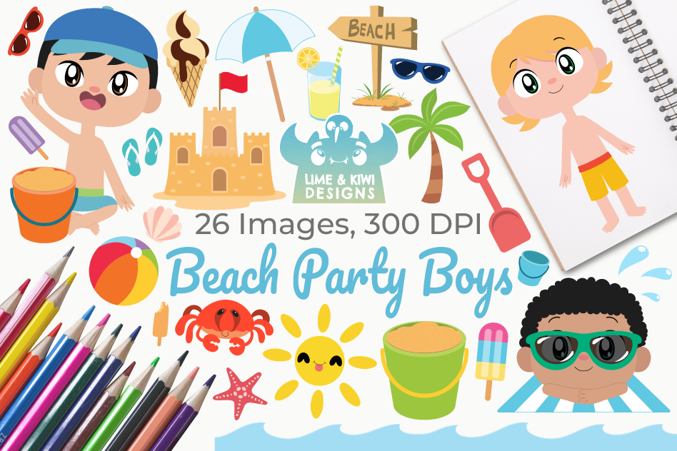 Beach Party Boys Clipart, Instant Download Vector Art example image 1