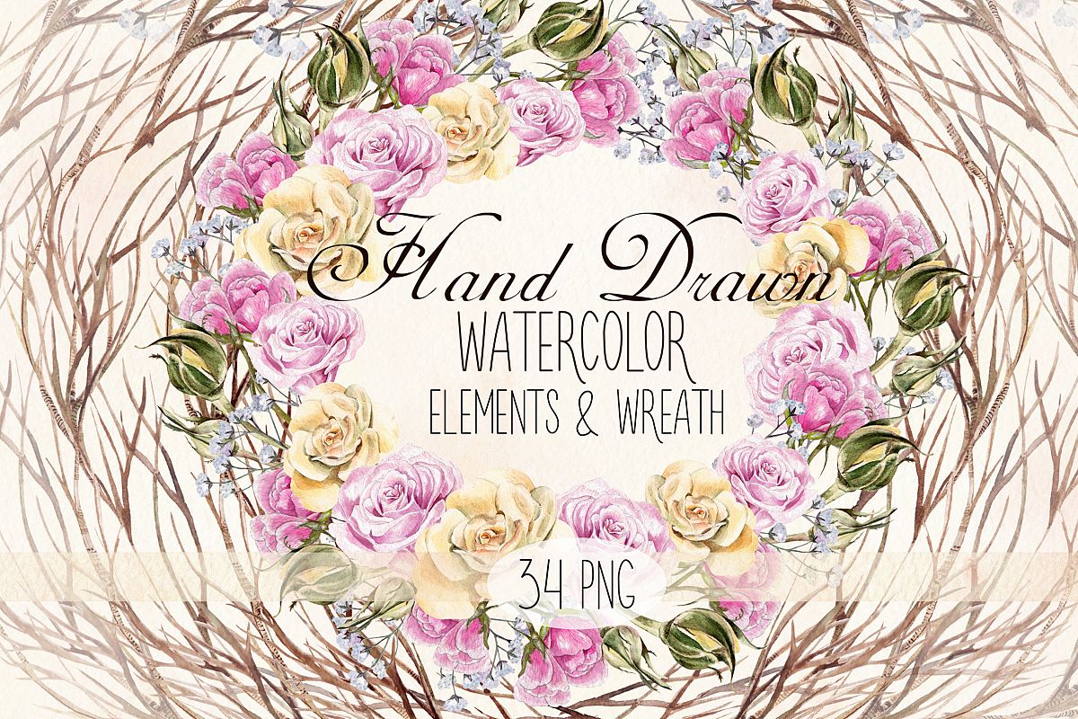 Watercolor Elements & Wreath example image 1