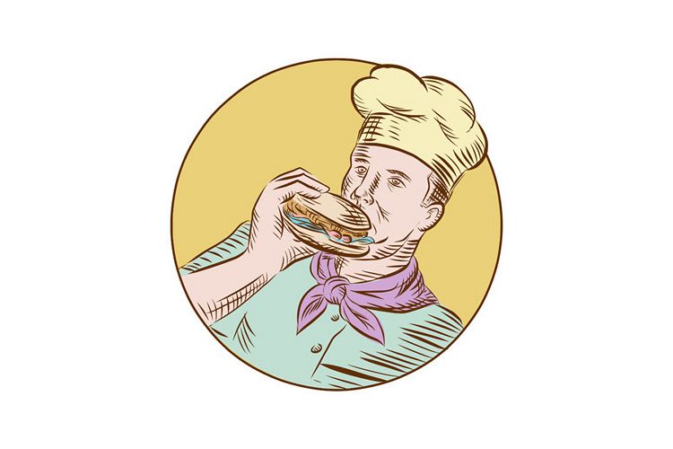 Chef Cook Eating Burger Etching example image 1