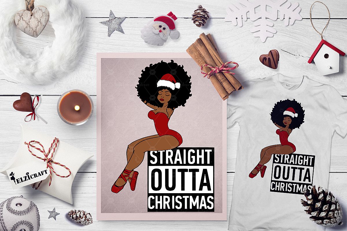 Straight Outta Christmas Ballerina Afro Woman SVG Cut File example image 1