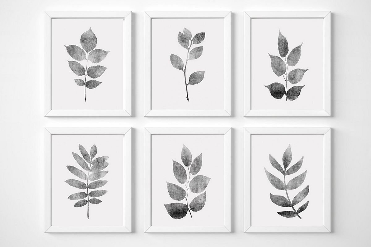 Set of 6 Botanical Prints, Gray Leaf Print, Gray Botanical example image 1