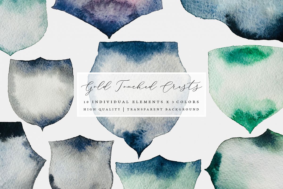 Gold glitter watercolor crests, hand painted green crests example image 1