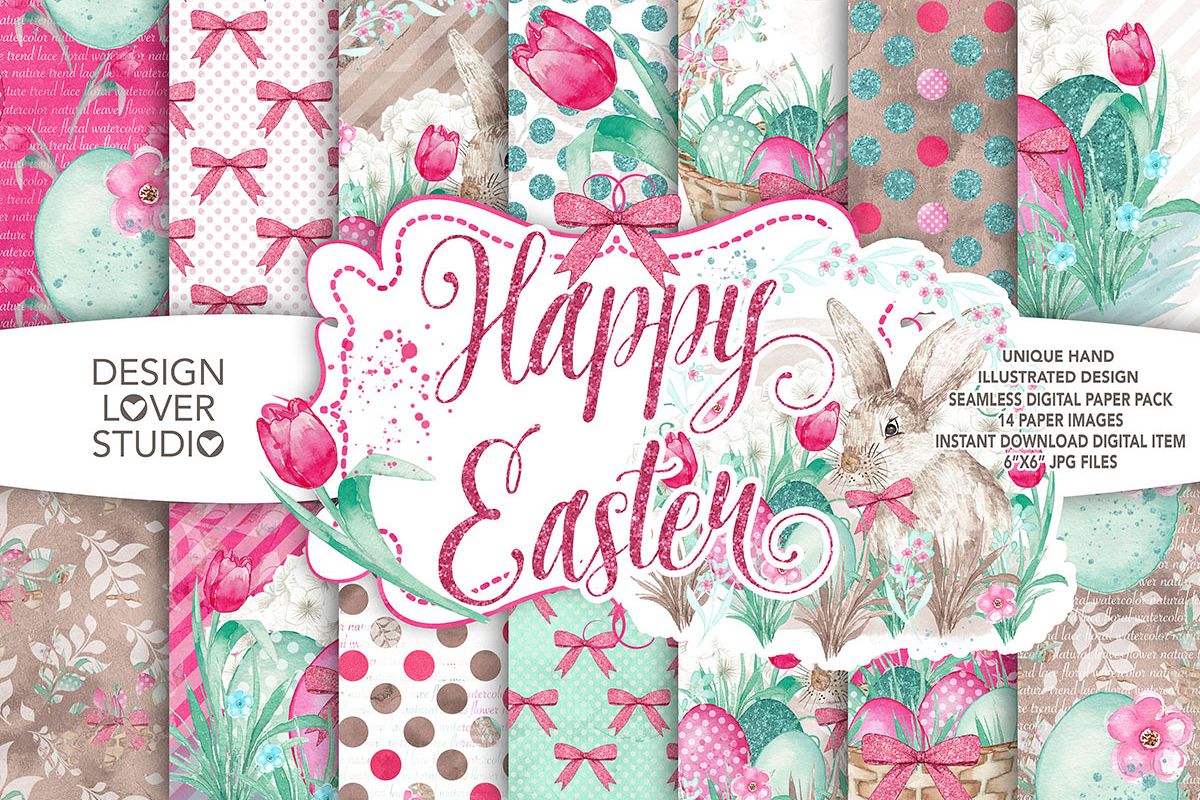 Watercolor Happy Easter digital paper pack 2 example image 1