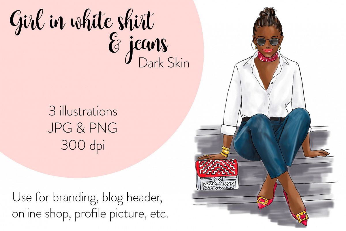 Fashion illustration - Girl in White Shirt & Jeans - Dark example image 1