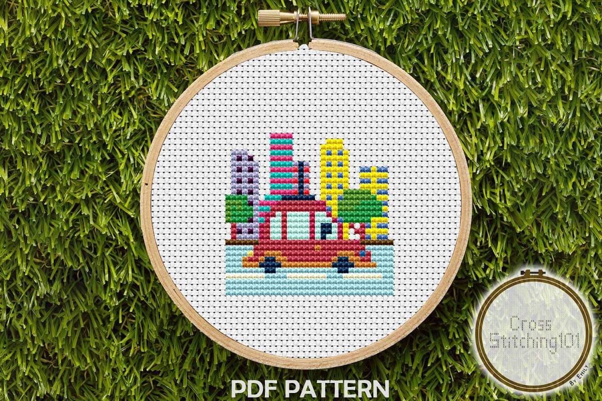 Driving Car Scene Cross Stitch Pattern- Instant Download PDF example image 1