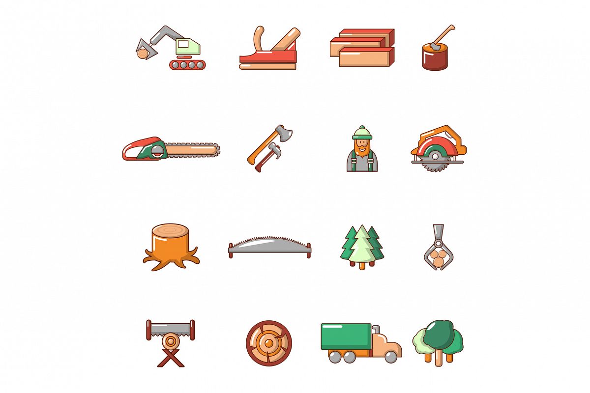 Timber industry icons set, cartoon style example image 1