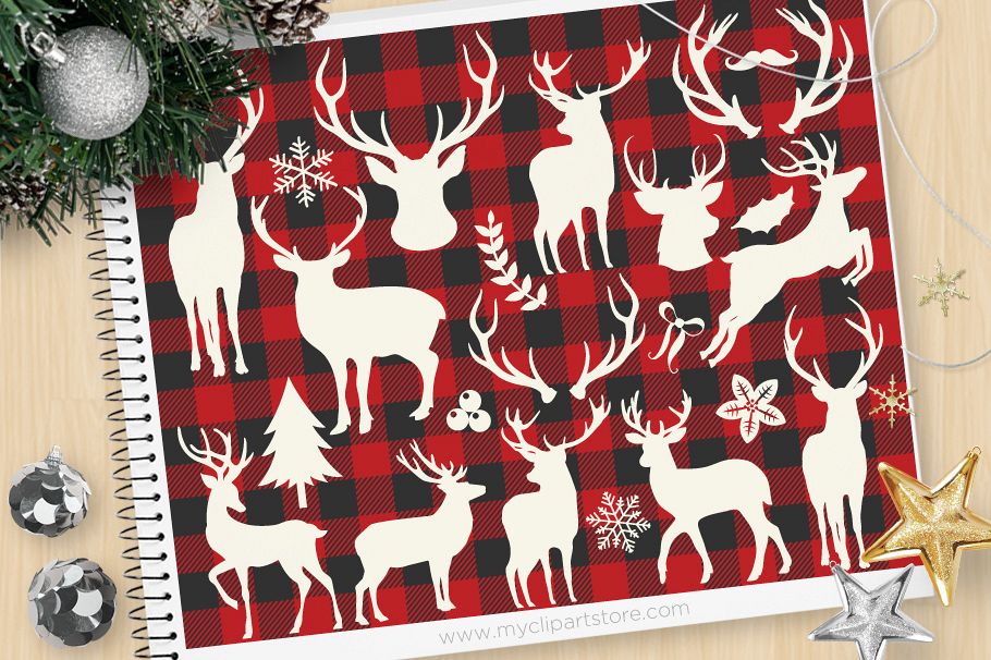 Reindeer Silhouettes, Buffalo Check - Vector Clipart & SVG example image 1
