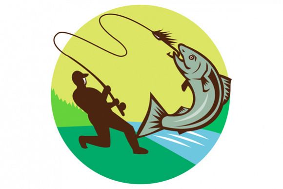 Fly Fisherman Hooking Salmon Circle Rero example image 1