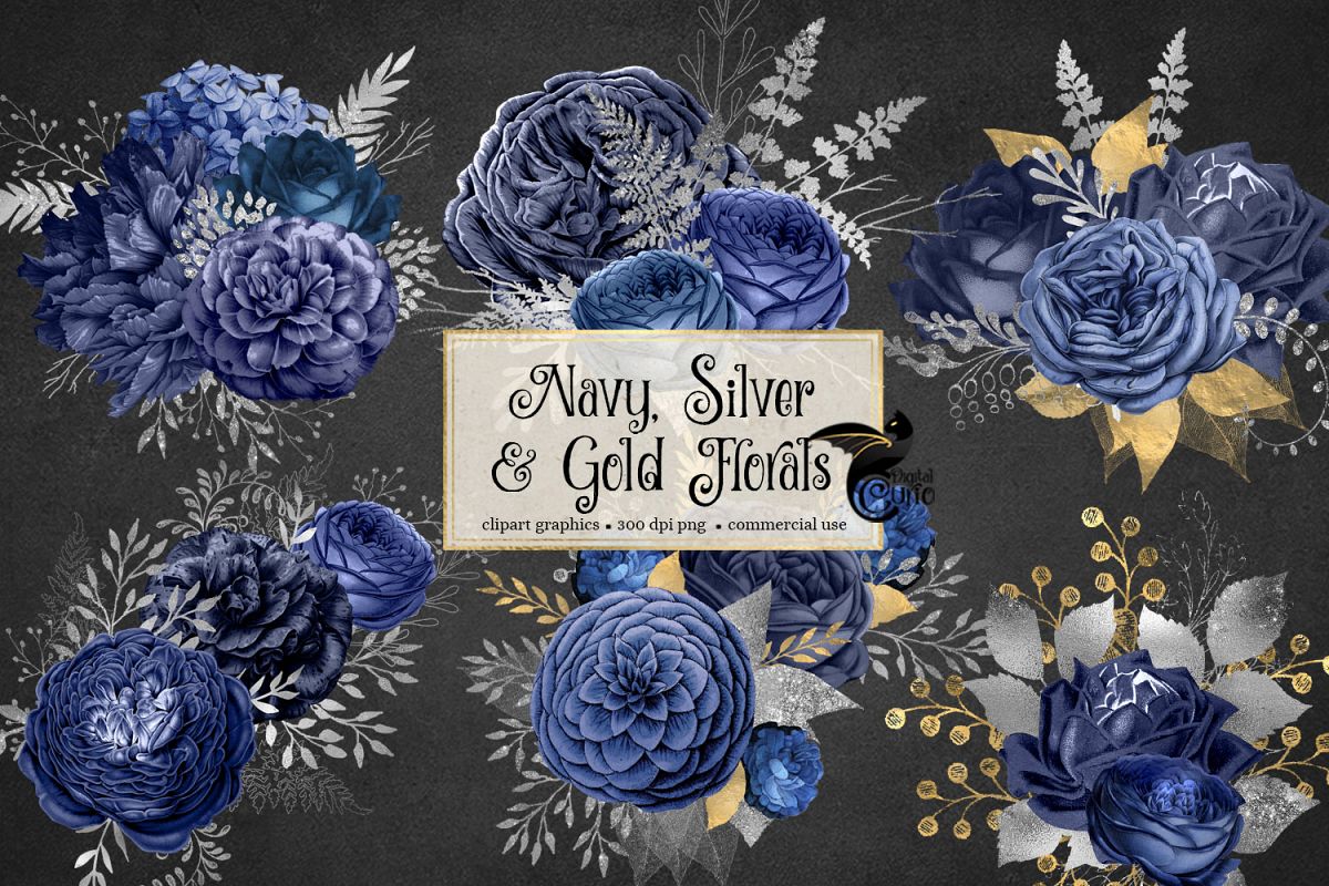 Navy Silver and Gold Floral Clipart example image 1