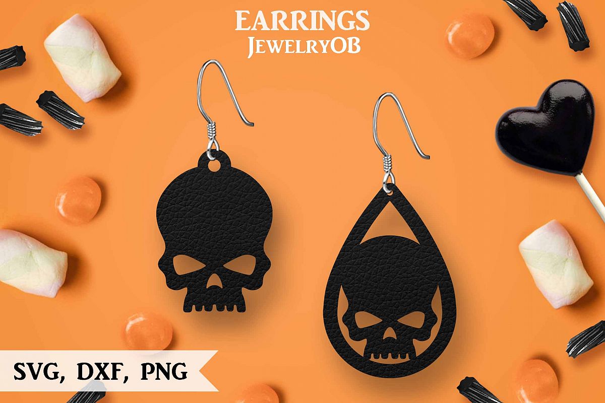Halloween Earrings, Cut File, SVG DXF PNG Formats, Skull example image 1