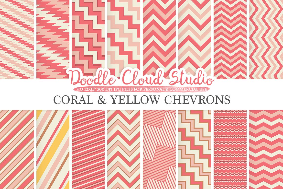 Coral and Yellow Chevron digital paper Pink Coral Yellow Chevron and Stripes pattern Zig Zag lines background for Personal & Commercial Use example image 1
