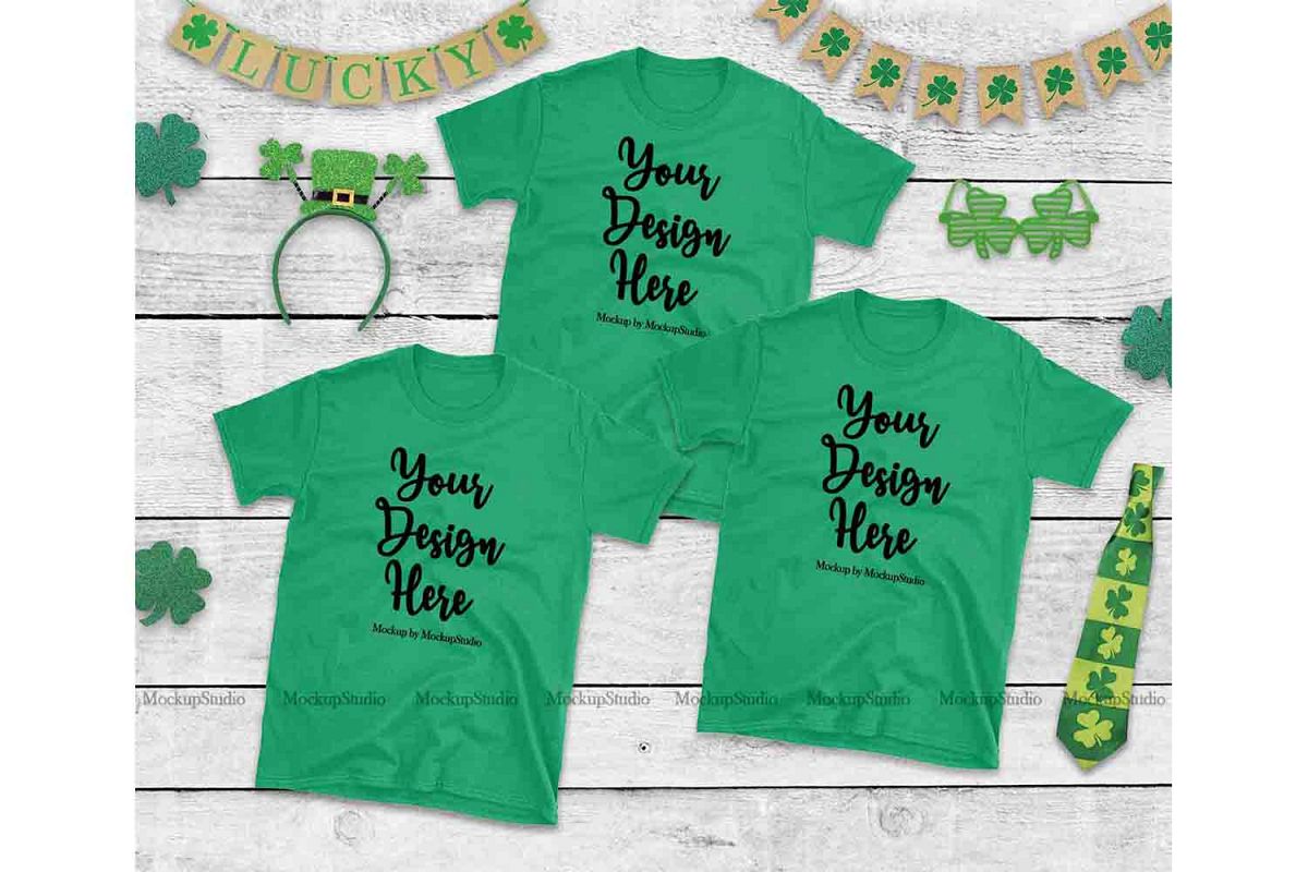 St Patricks T-Shirts Mockup, Green Gildan Shirts Flat Lay example image 1