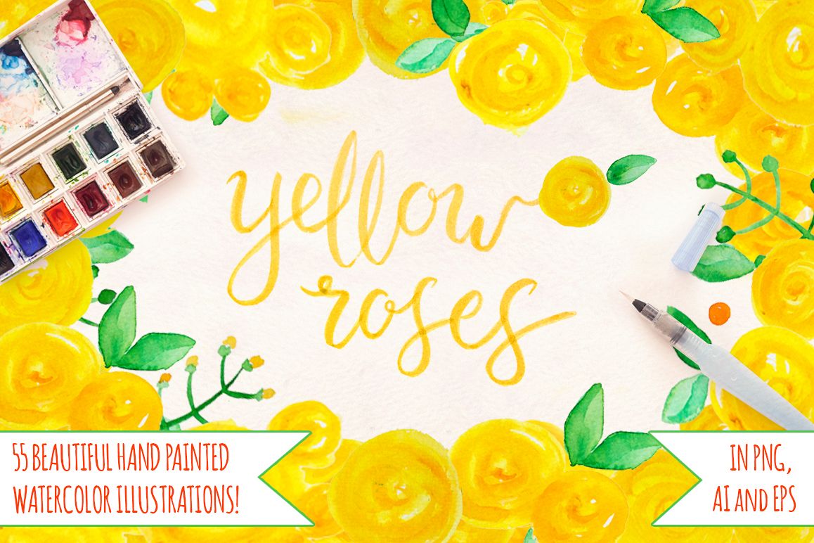 55 Bright Yellow Watercolour Roses, Leaves and Spots example image 1
