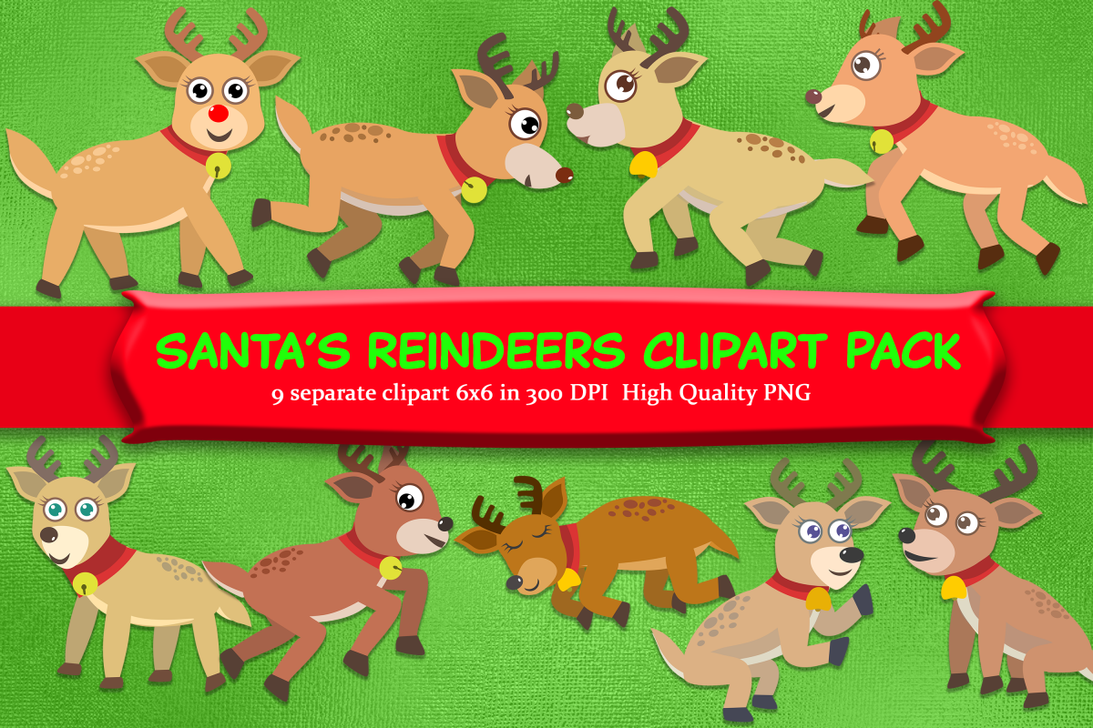 Reindeer Clipart Pack with 9 Santa's reindeer example image 1