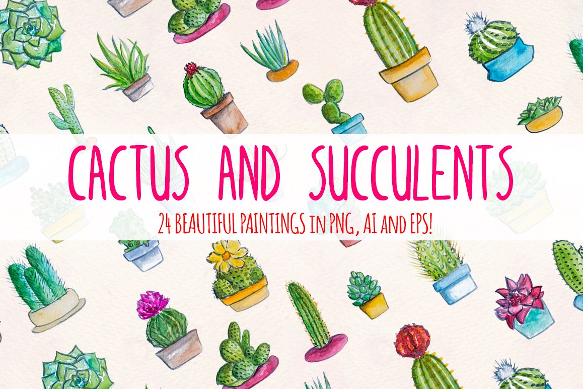 24 Cactus and Succulent Indoor Garden Watercolors example image 1