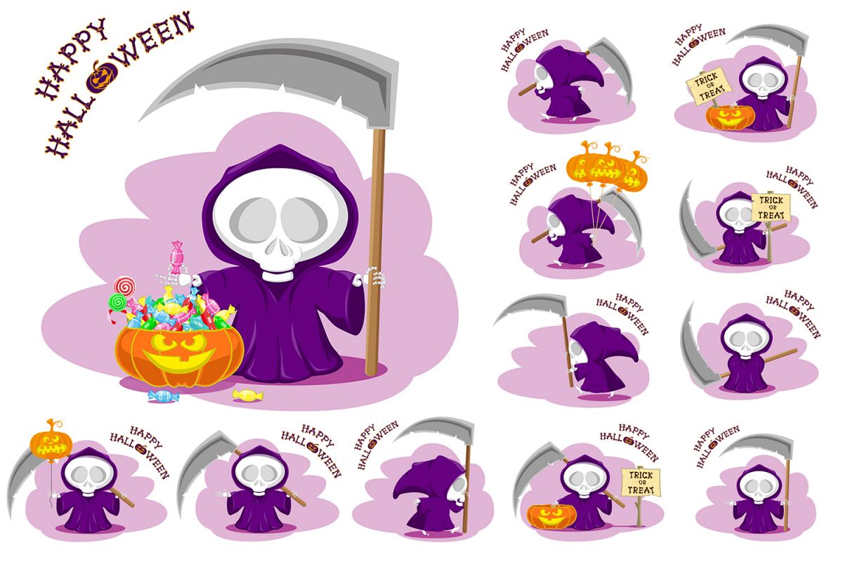 Set of 12 figure funny little death with large scythe and halloween pumpkin. Vector illustration example image 1