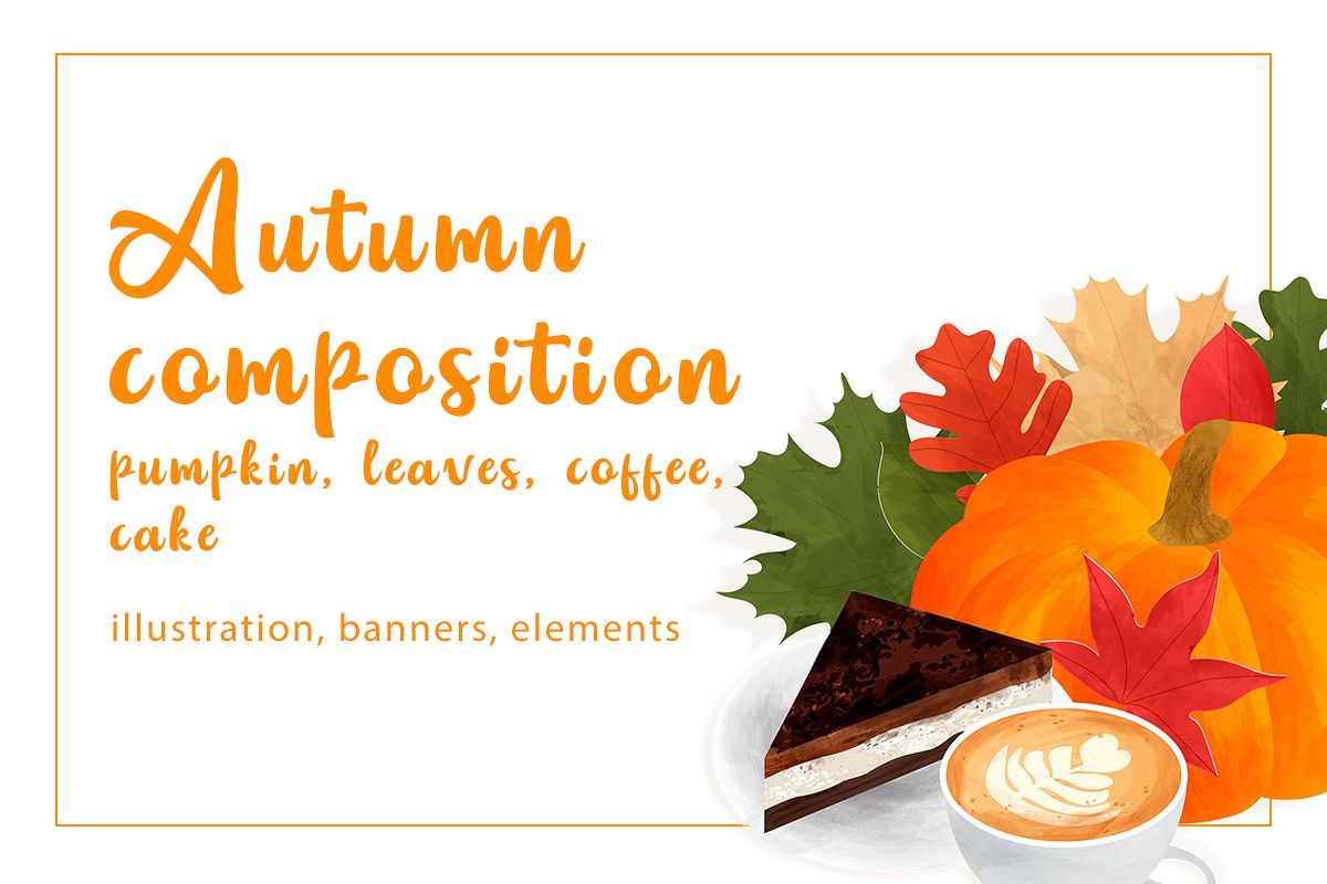 Autumn composition with pumpkin, leaves, coffee, cake example image 1