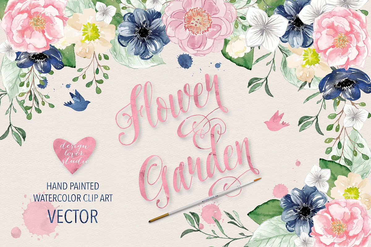 Vector Watercolor Navy blue and Pink Flower Garden clipart example image 1