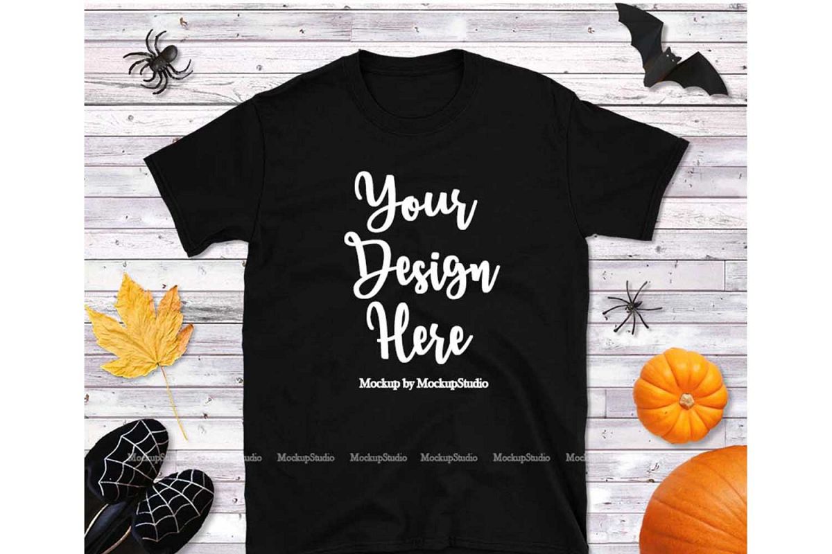 Download Halloween Fall Black Unisex Gildan Tshirt Mock Up Flat Lay ...
