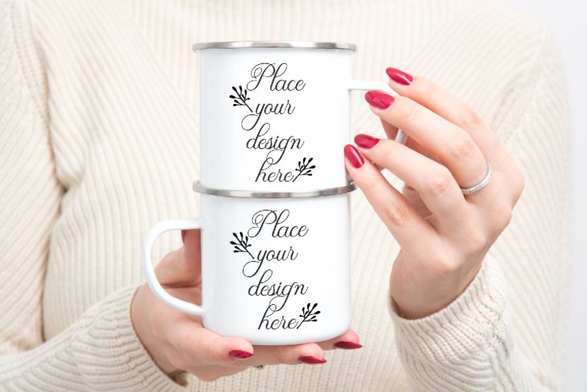 Enamel mug mockup woman holding two Camp sublimation mugs example image 1