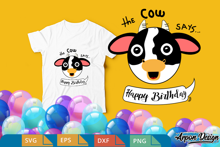 Face cow, says happy birthday for iron transfer or cutting example image 1