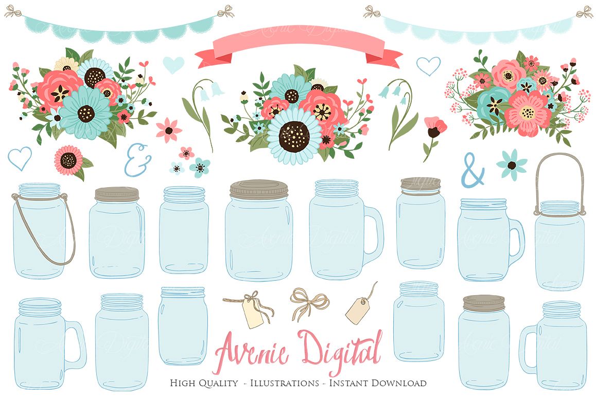 Coral and Turquoise Mason Jar Wedding Clipart example image 1