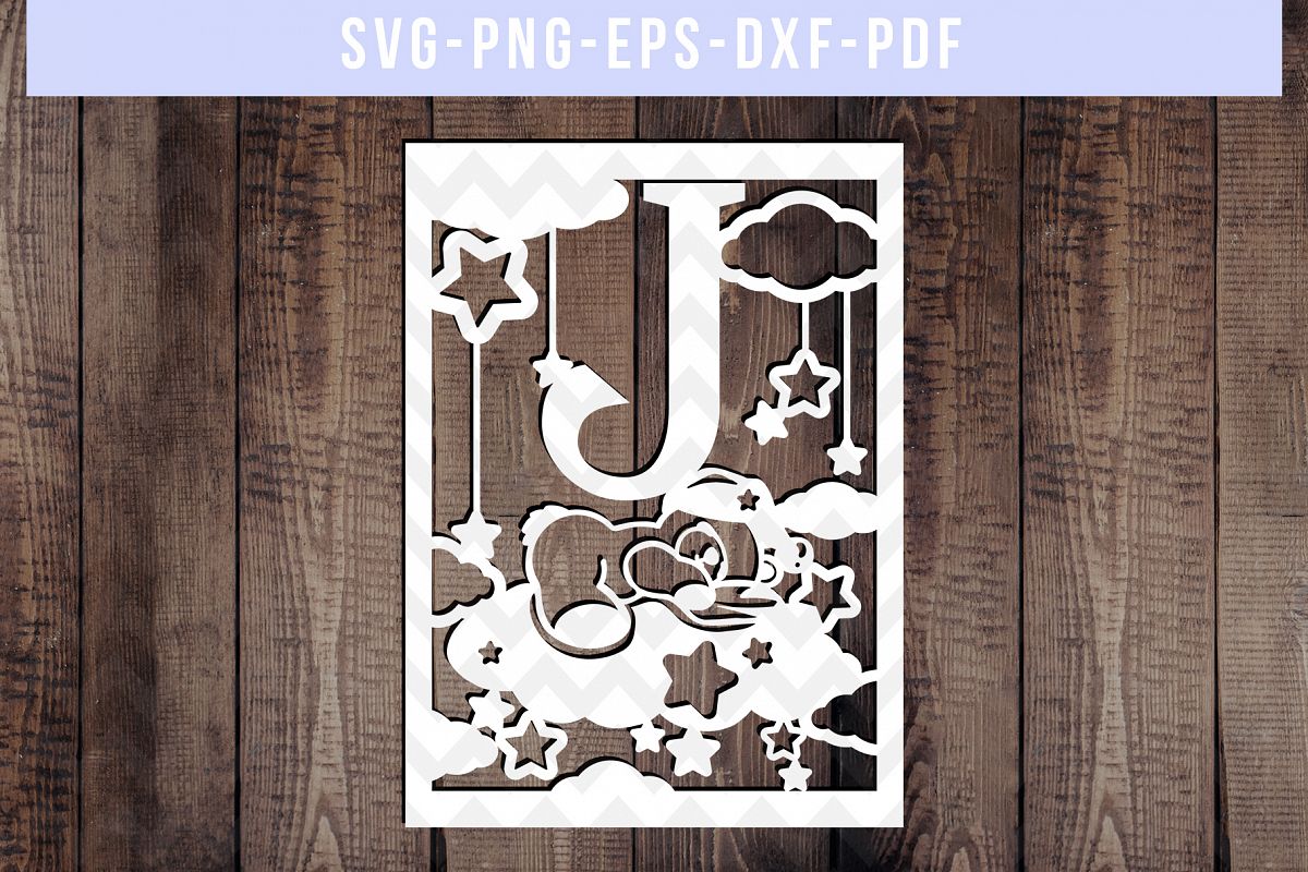 Nursery J Monogram Papercut Template, Kids Room Decor, DXF example image 1