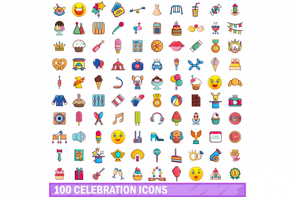 100 celebration icons set, cartoon style example image 1