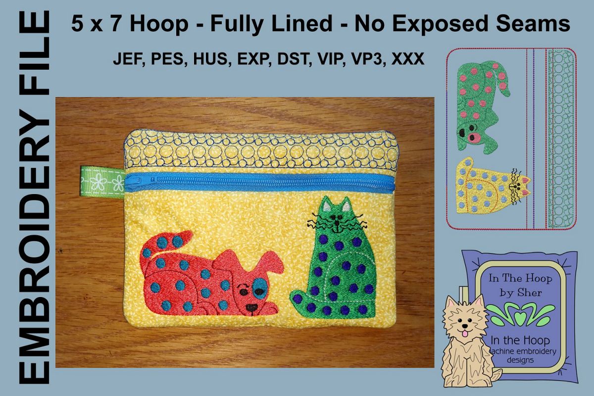 ITH Funky Cat & Dog Zipper Bag - Fully Lined, 5X7 HOOP example image 1