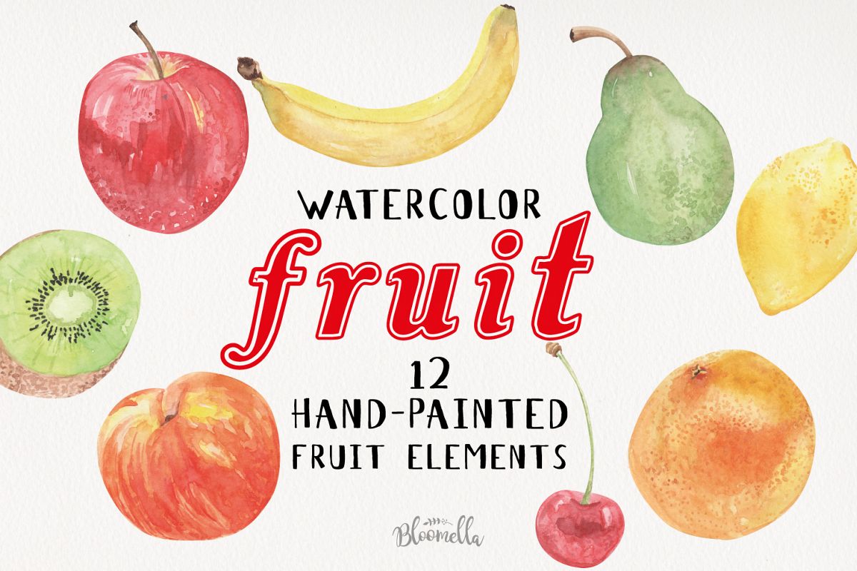 Fruit Watercolor Elements Hand Painted Apple Banana Fun Kiwi example image 1