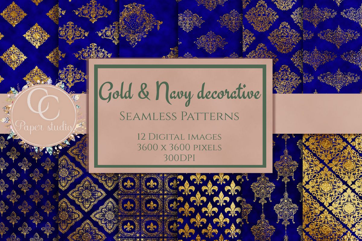 Gold & royal blue damask pattern digital paper pack example image 1