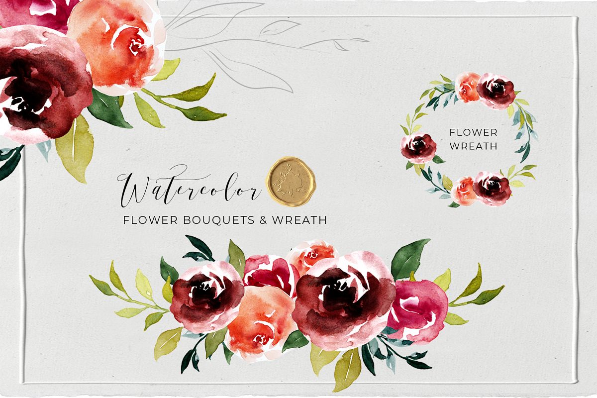 Watercolor Floral Wreath, Frames and Bouquets example image 1