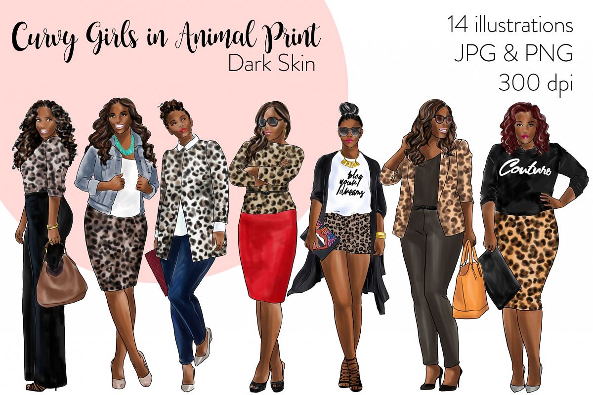Fashion clipart - Curvy Girls in Animal Print - Dark Skin example image 1