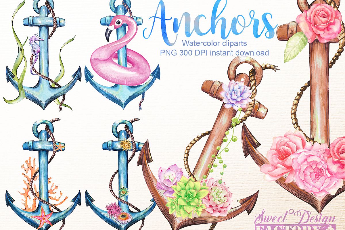Watercolor Anchors And Flowers Clipart 