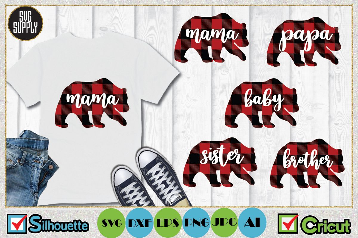 Bear Family Buffalo Plaid SVG Cut File example image 1