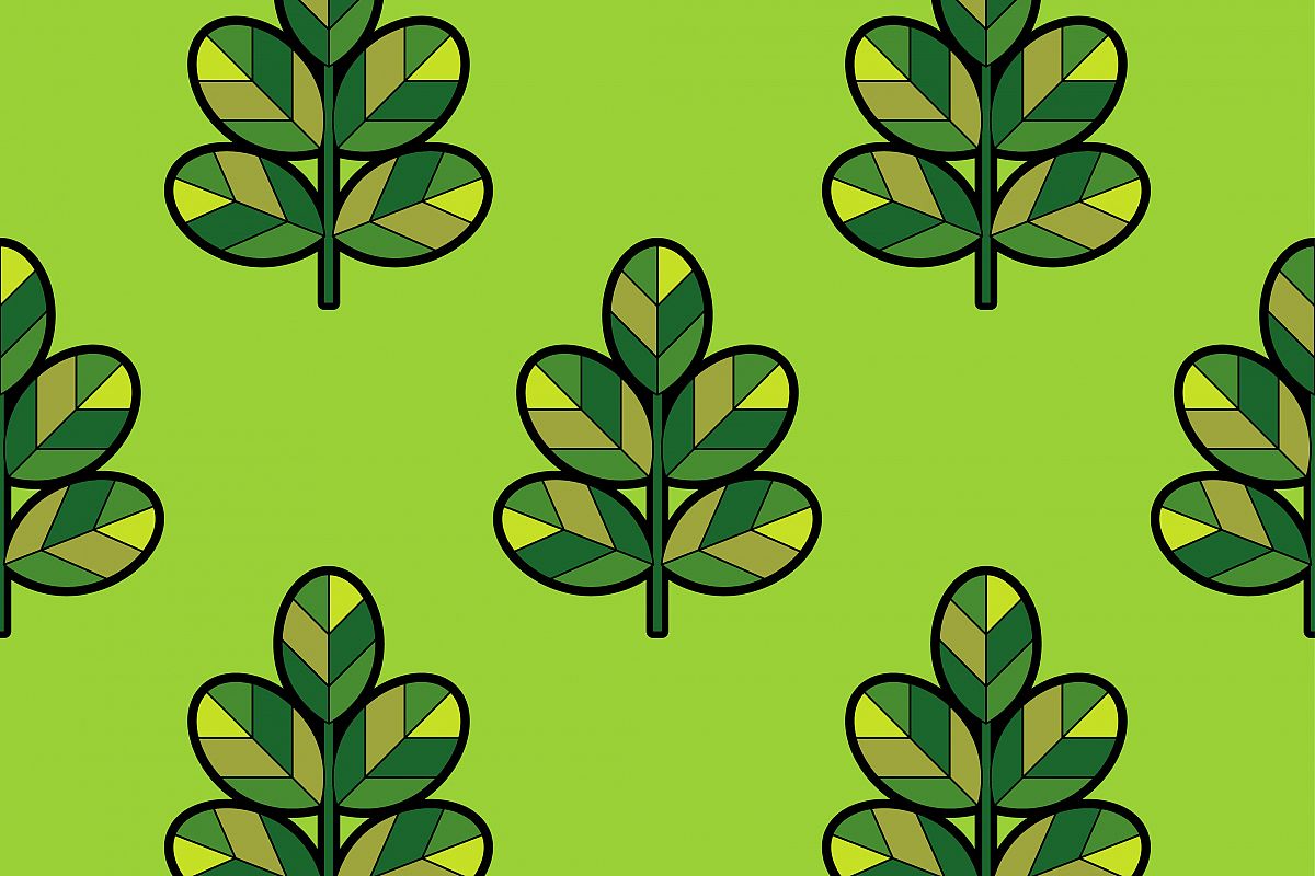Seamless background with decorative green leaves with a black outline on a green background. Vector illustration. Flat design. example image 1