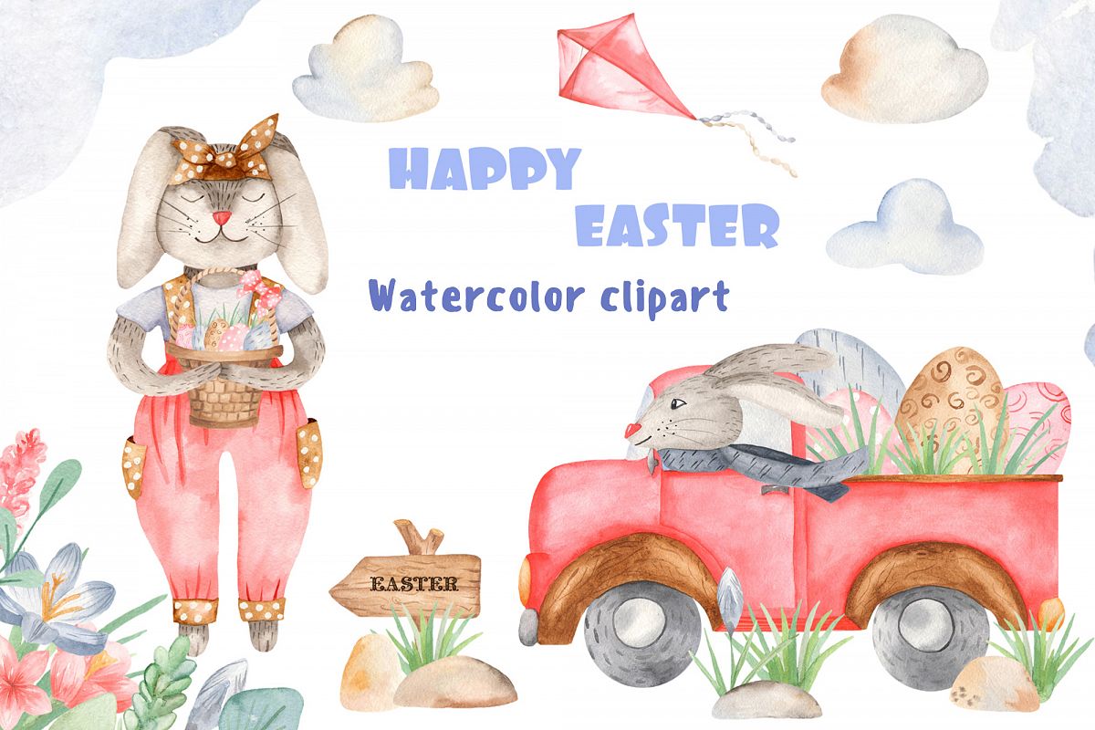 Download Happy Easter Watercolor Clipart Cute Cartoon Easter Bunnies