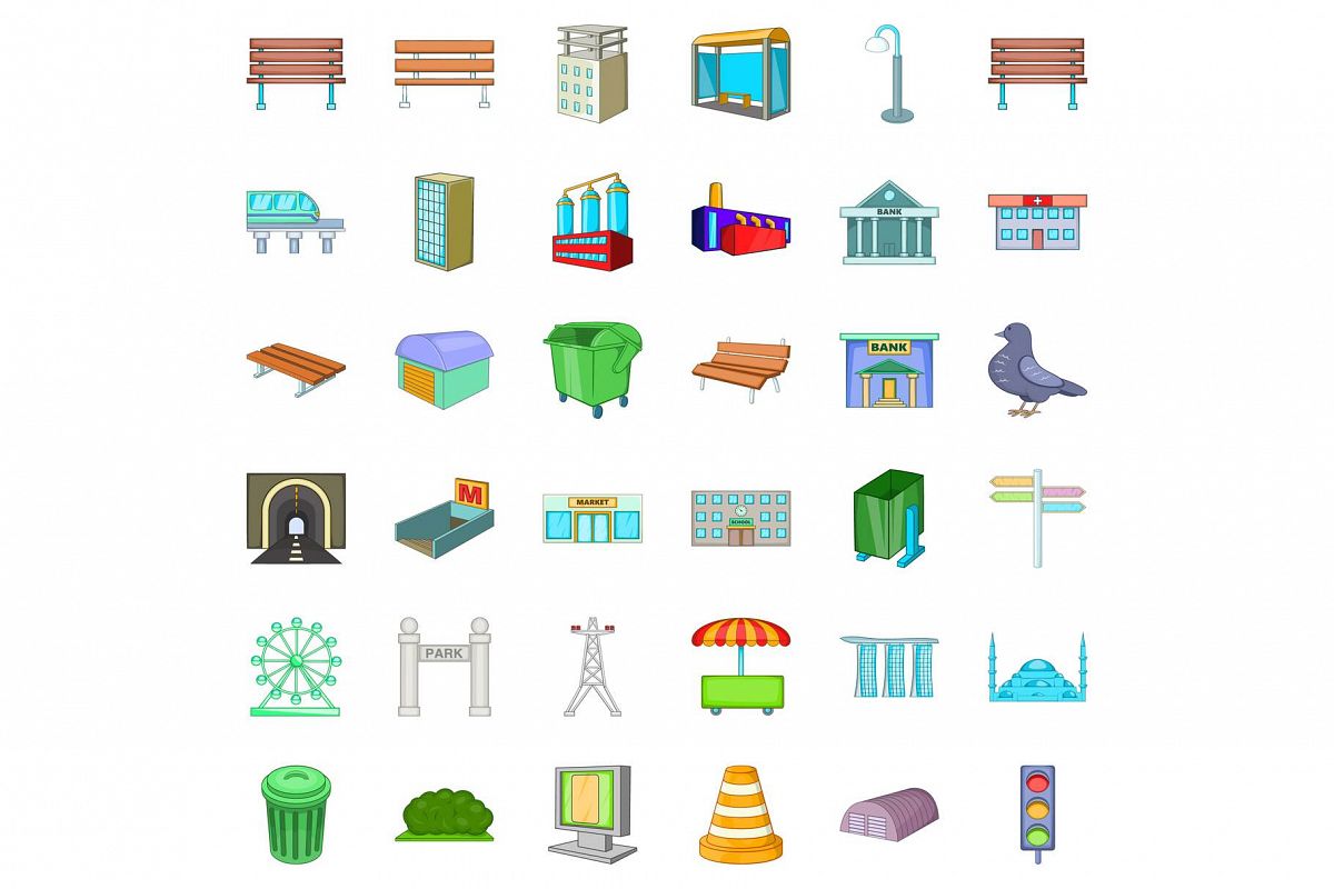 Big city icons set, cartoon style example image 1