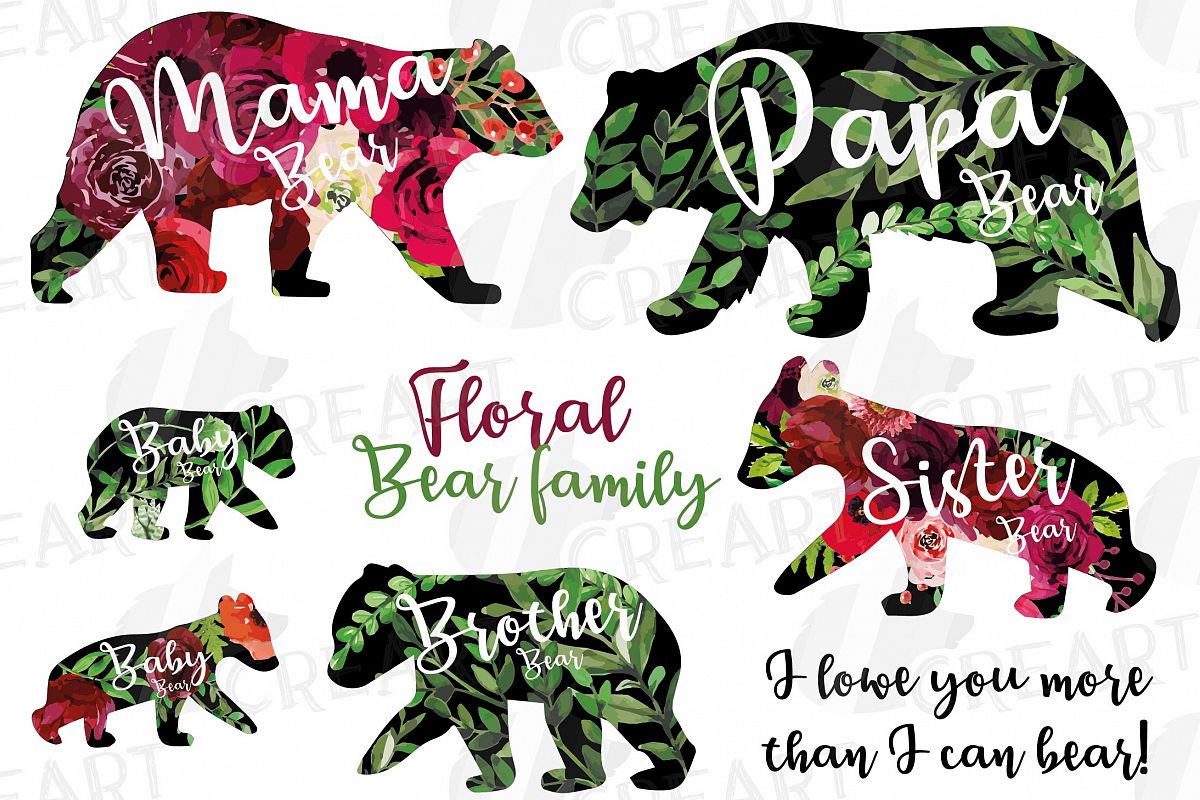 Floral bear family, sister, brother, baby, papa, mama bear example image 1