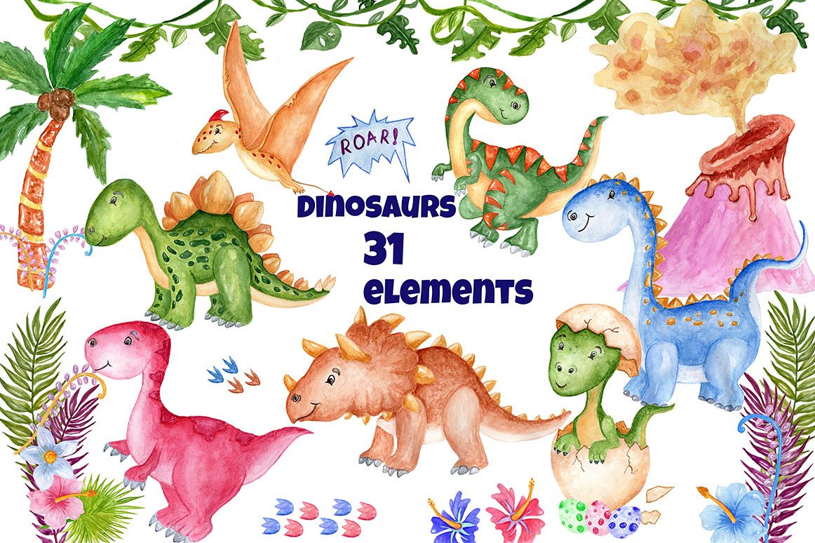 Watercolor Dinosaur Clipart example image 1