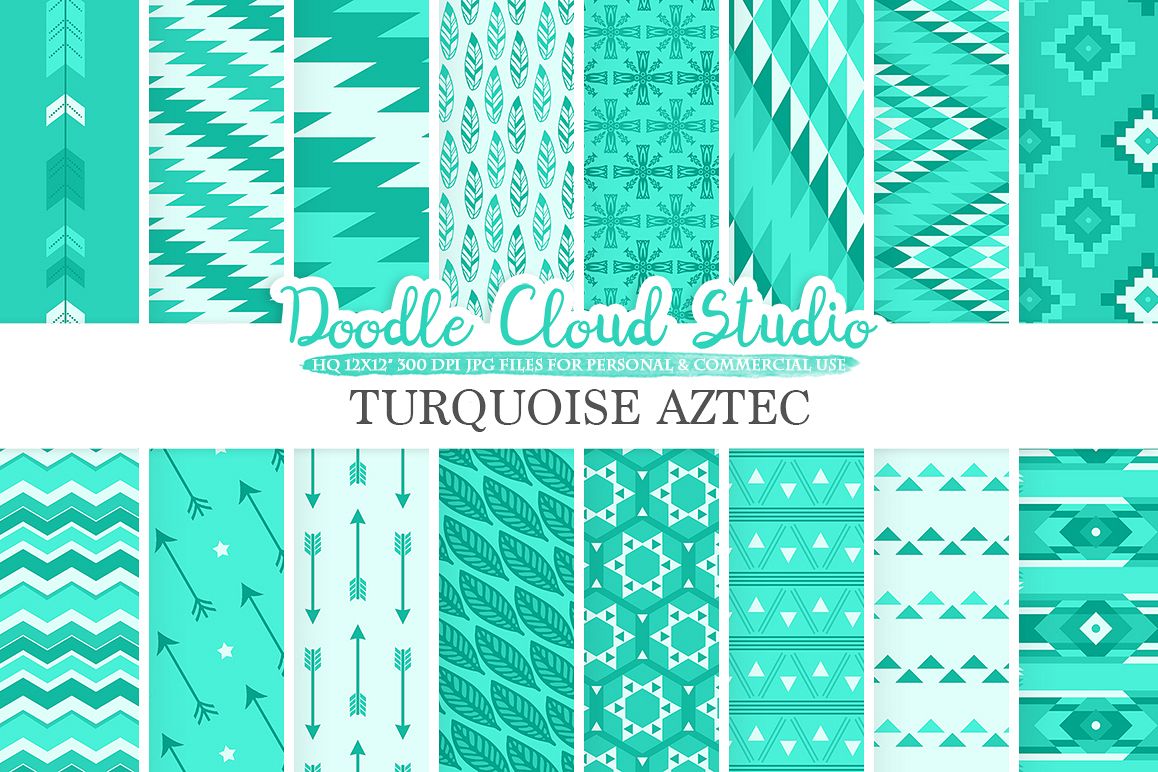 Aqua Aztec digital paper Tribal patterns native triangles geometric ethnic arrows background Instant Download for Personal & Commercial Use example image 1